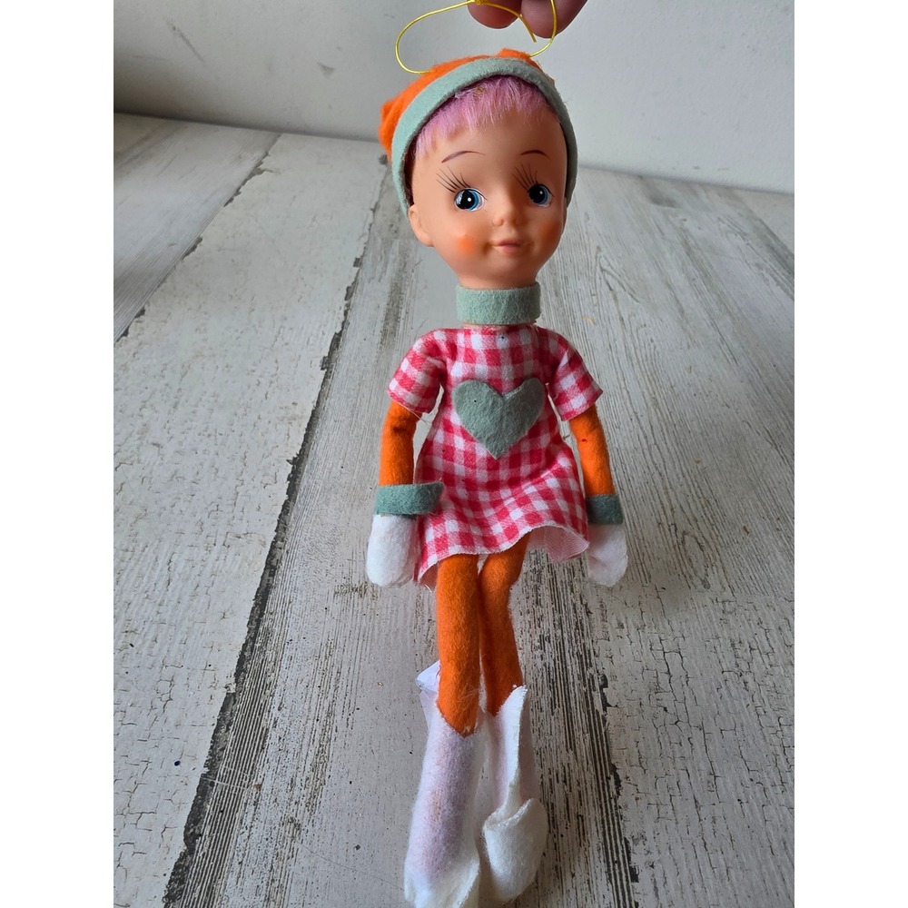 Vintage felt knee hugger pixie pink hair plaid checker ornament Xmas tree